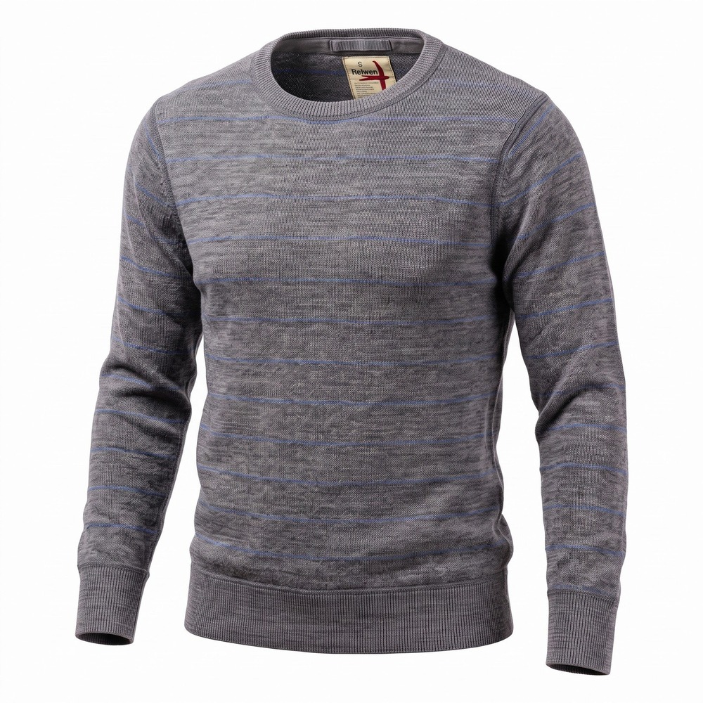 Relwen Sweater Mens Small Gray Blue Striped Cotton Linen Crewneck Elbow Patches